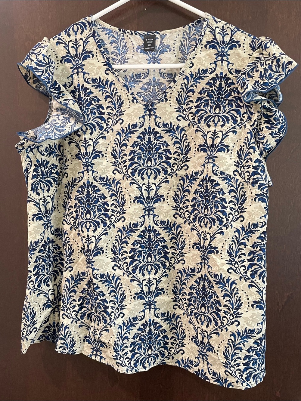 SHEIN Blue and White Floral Damask Ruffle Sleeve Womens Blouse Size 1X